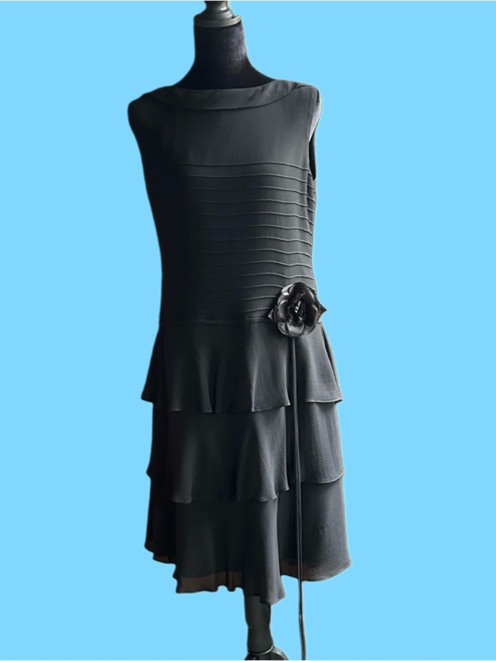Vintage Cynthia Howie Black Silk Chiffon Ruffled A-Line Dress w/Waist Corsage